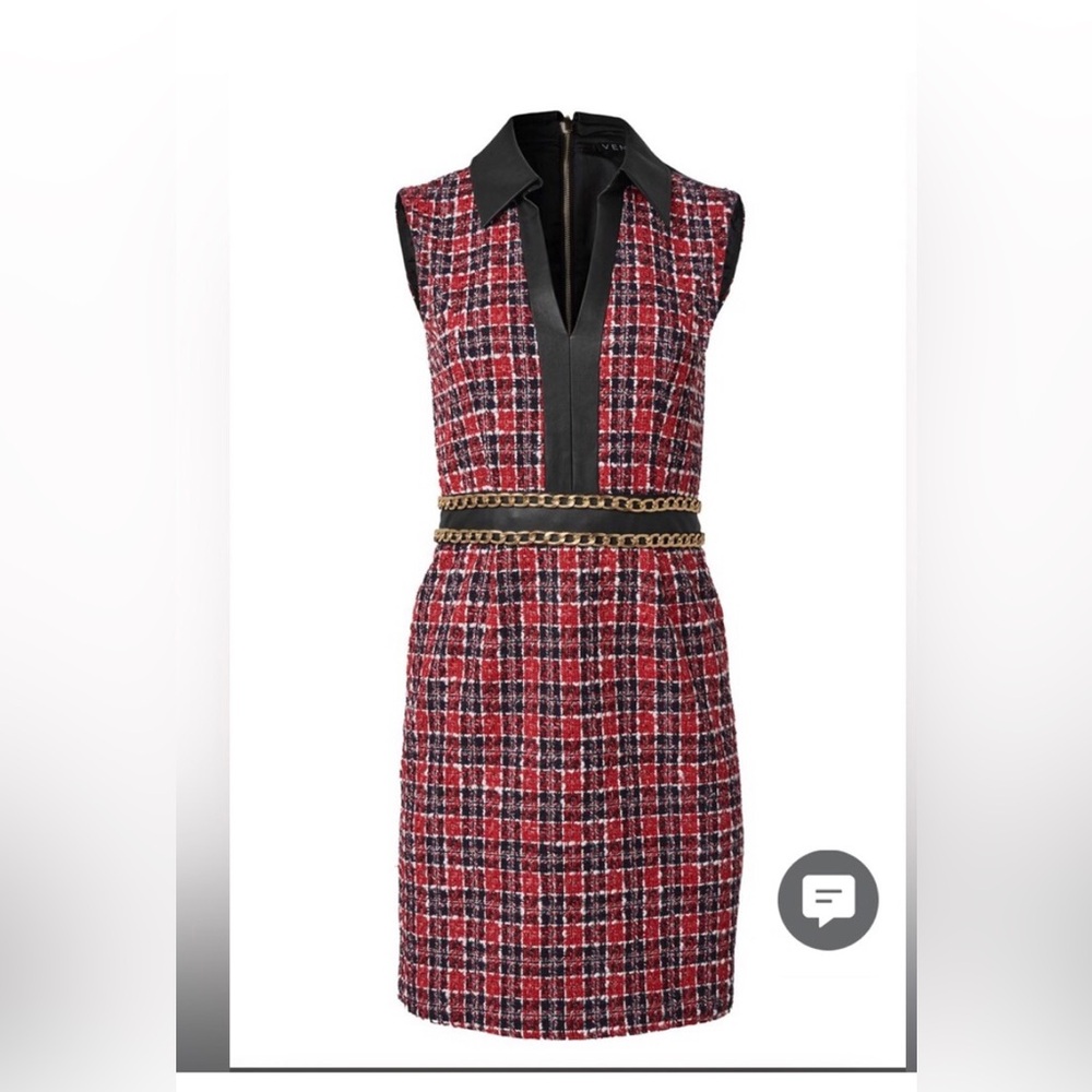 VENUS Red and Black Tweed dress with gold chain detail